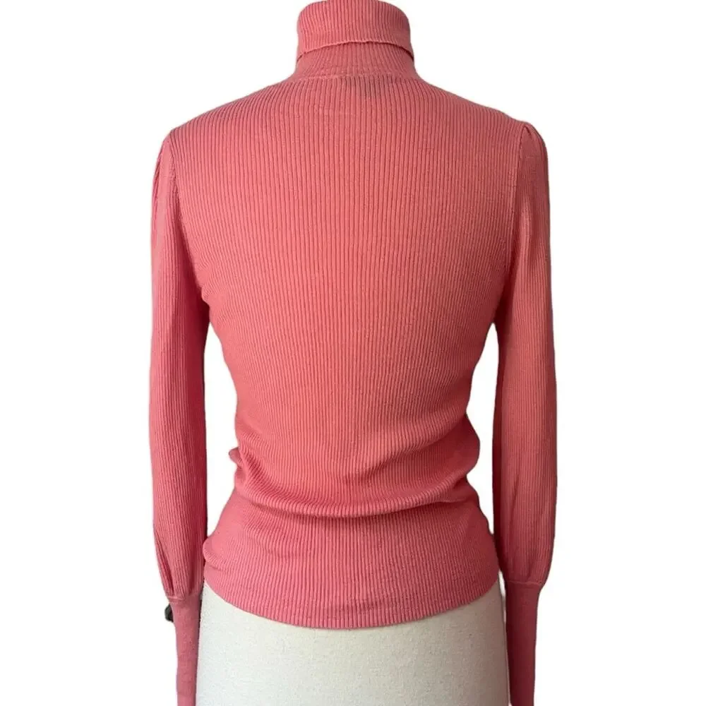 J Crew Merino Wool Turtleneck Sweater Women’s Medium Pink Ribbed Puff Shoulder